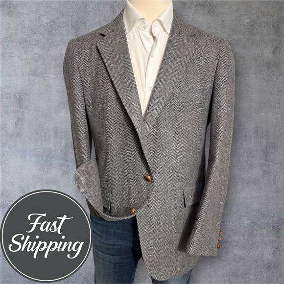 LEVIS Vintage Men's Blazer Sport Coat Two Button Tweed Jacket 44L Herringbone - Picture 1 of 13